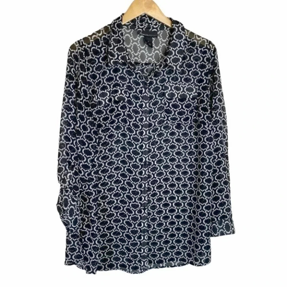 Lane Bryant Button Down Shirt 16 Black‎ White Geometric Sheer Roll Tab Sleeve